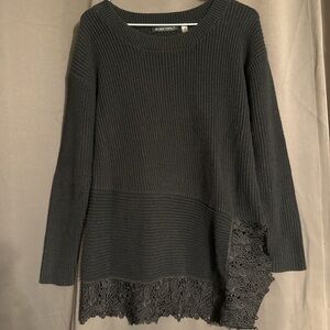 Black Tape_ Black Ribbed Crewneck Sweater with Lace Hem